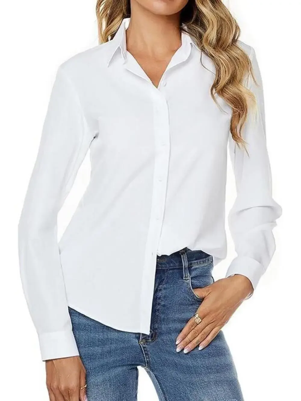 Size Large Jonivey Womens Stretch Button Down Long Sleeve Shirt, White Button Up - Picture 2 of 6